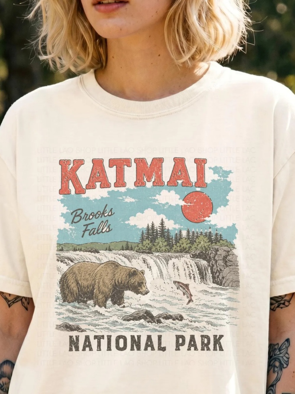 Comfort Colors Katmai Graphic Tee in Ivory with Teal & Red Print